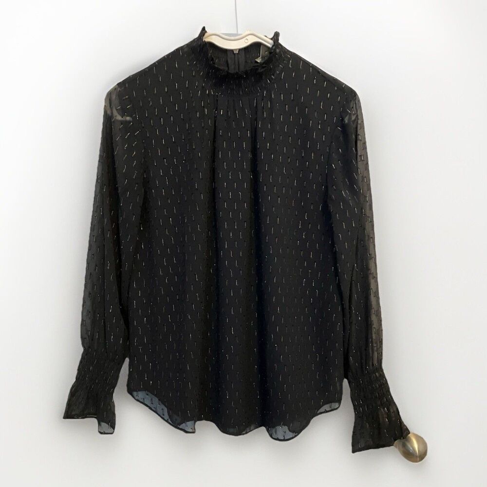 Ann Taylor Petite XS Black Blouse Top High Neck, Sheer Sleeves ruffle metallic
